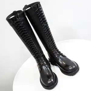 ann长靴女2019冬新款高筒靴真皮平底系带骑士靴长筒军靴马丁靴子