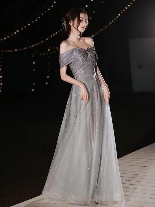 轻奢晚礼服2022新款气质高端宴会一字肩主持人连衣裙小众奢华高贵