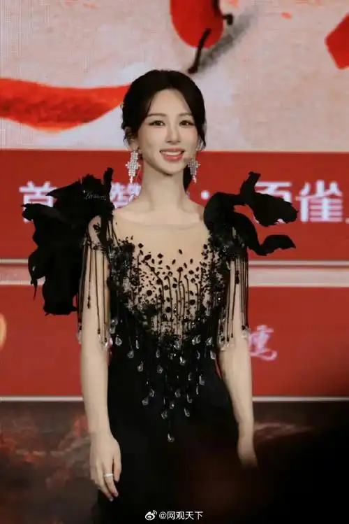 图中,杨紫身着黑色镶钻礼服裙,戴着华贵耳环,富贵华丽.