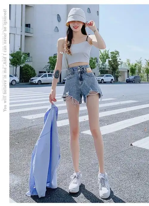 濮梵牛仔短裤女夏季外穿高腰显瘦运动休闲破洞女士宽松韩版大裤衩沙滩