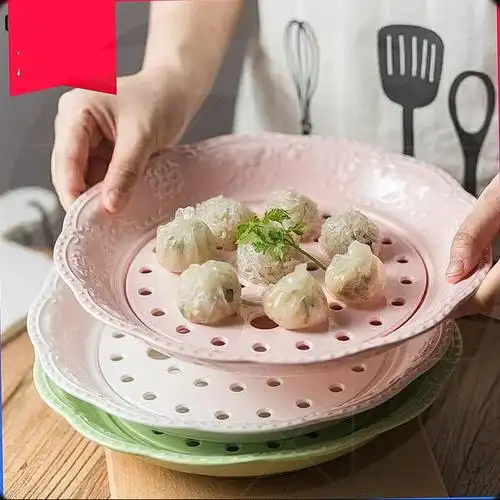 陶瓷饺子盘大号圆形沥水双层蒸饺盘骨瓷水饺托盘10英寸陶瓷家用盘