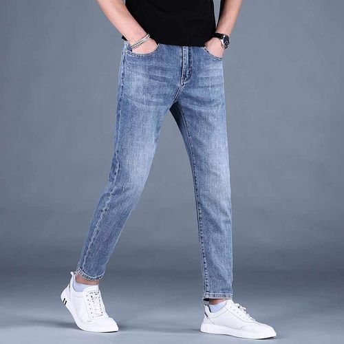 高街风高端修身小脚牛仔裤男春夏季蓝色弹性潮流休闲男士九分裤