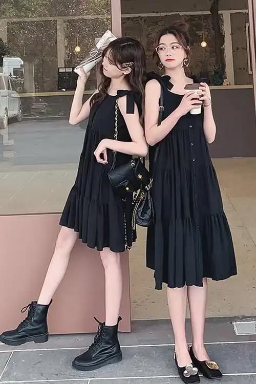 闺蜜装夏季新款韩版甜美纯色无袖系带蝴蝶结中长款吊带裙修身百搭荷叶