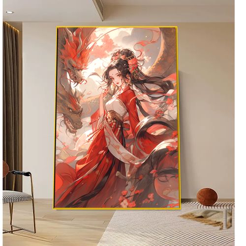 中国龙女人九尾狐古代美少女数字油画diy手工填色民族女孩古风画