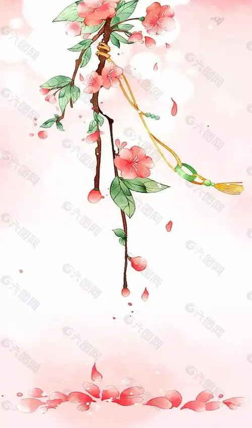 彩绘古风桃花枝海报背景设计