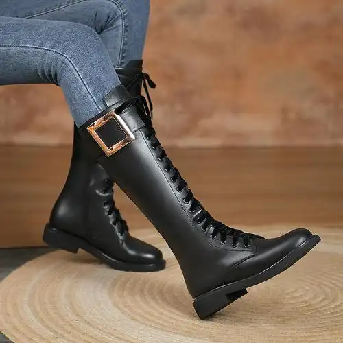 小个子小码313233高筒马丁靴时尚真皮百搭不过膝厚底骑士靴长靴子