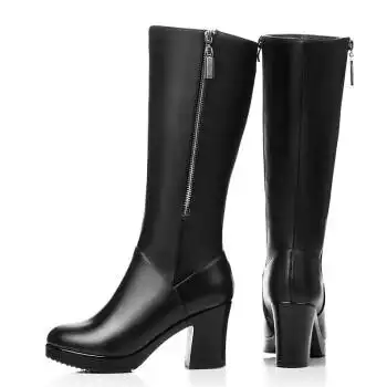 妈妈皮质长靴子高跟长筒皮靴冬季加绒保暖鞋防水台棉靴百搭时尚 黑色