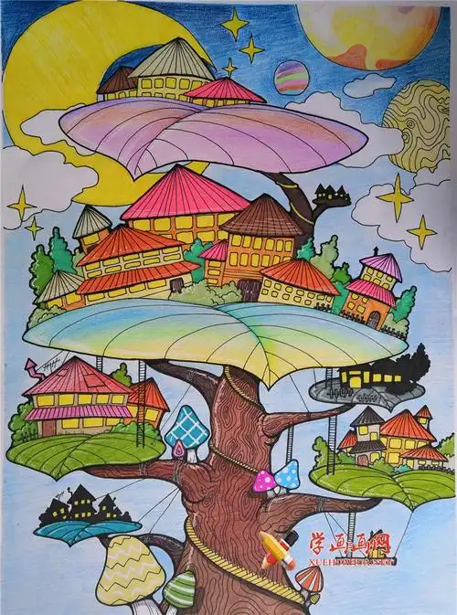 三等奖获奖科幻画赏析《宇宙之家》__科幻画_科幻画图片大全_学画画网