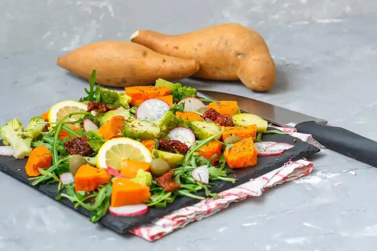 烘制,甘薯,花椰菜,蔬菜,沙拉,喜爱,健康,素食,食物,概念