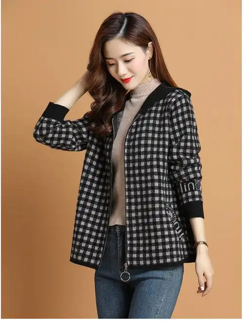 千鸟格开衫女士短外套秋冬2020年新款休闲二八月春秋装韩版外搭女