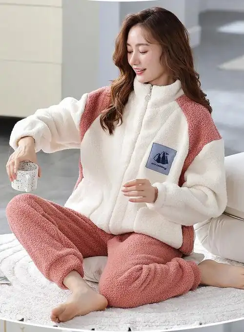 南极人法兰绒睡衣女秋冬季加绒加厚羊羔绒拉链高领保暖女士可外穿家居