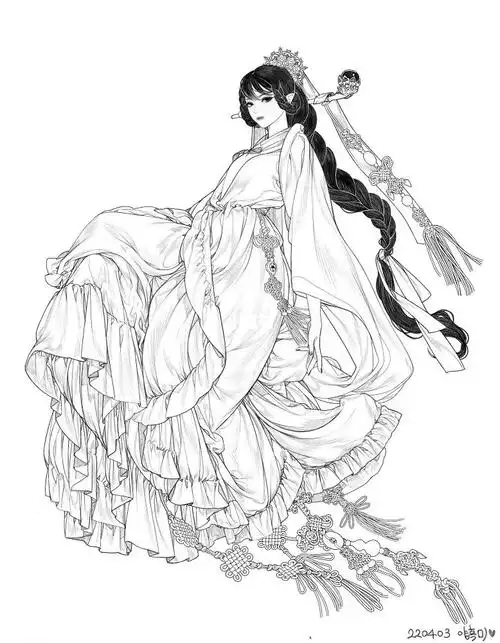 少女人物插画线稿绘画素材衣服褶皱好强