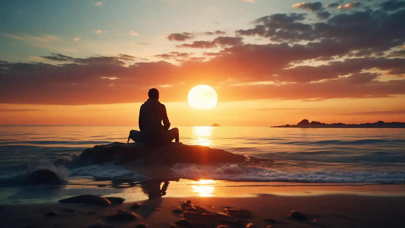 93海边孤独背影,落日余晖映心间98 在海边,落日余晖洒在无边的