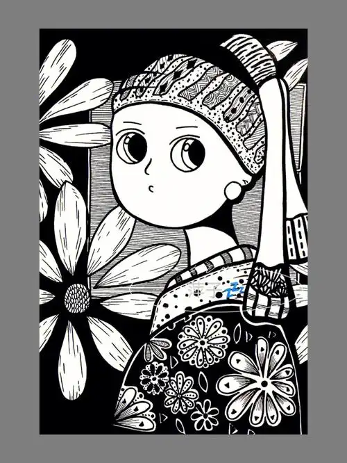 黑白线描装饰画世界名画戴珍珠耳环的少女