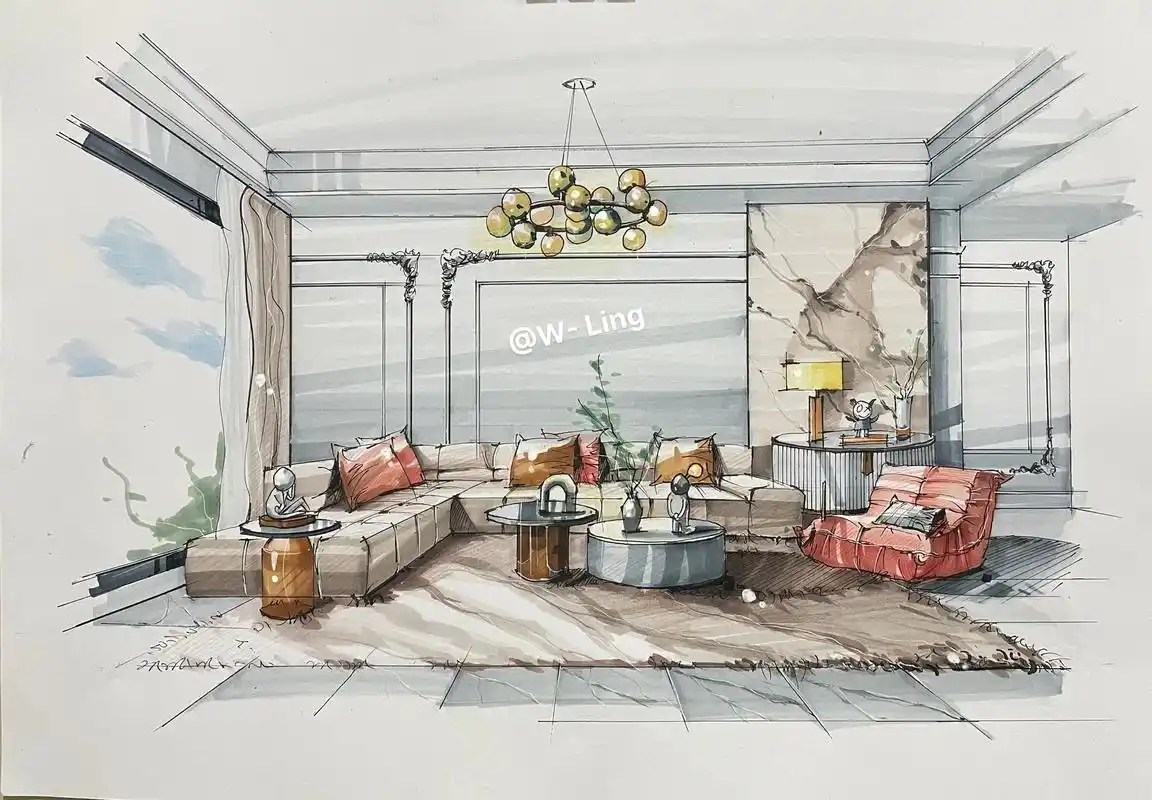 室内设计手绘效果图—客厅.风格:现代法式风格灯看起来歪了一 - 抖音