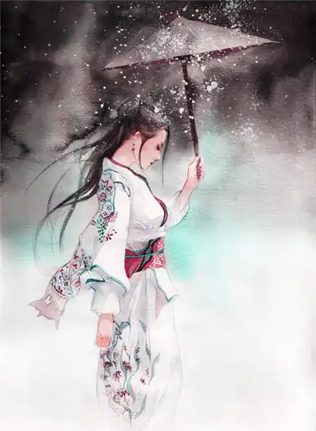 撑伞的古风水彩女子白衣