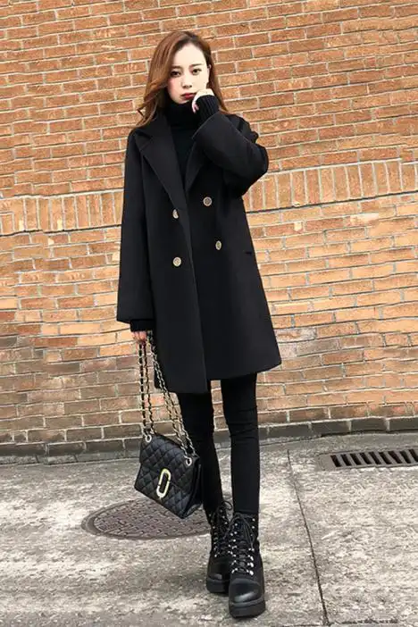 毛呢外套冬季新款韩版中长款呢子大衣修身打底衫针织毛衣配黑色小脚外