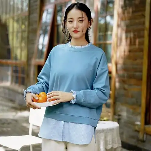 宽松卫衣清纯女装甜美拼接假两件小众设计感盐系上衣2021秋冬新款