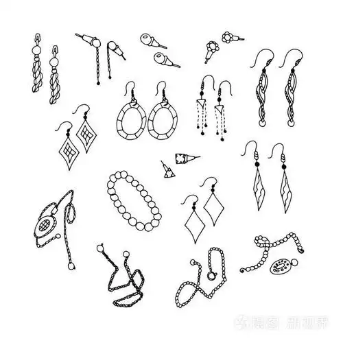 插画 比约特里.链式耳环.设置.素描, 涂鸦.在白色背景上.eps