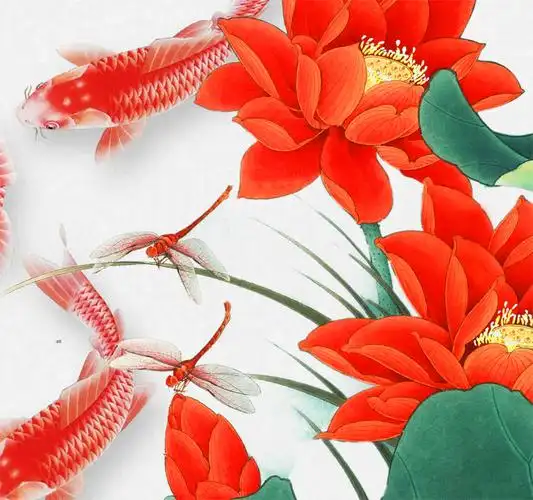 国画红色荷花九鱼图客厅餐厅红色鲤鱼挂画办公室卧室实木框装饰画