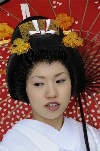 新娘,穿,婚礼,和服,拿着,传统,纸,伞,日本,发型,亚洲