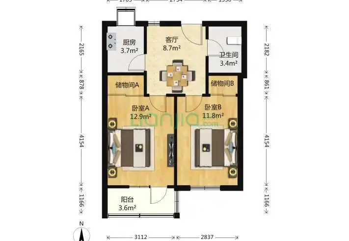 大世纪花园2室1厅1卫50平米装修案例