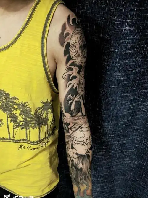 传统花臂 大龙加般若 未完成_纹身图案手稿图片_王勇的纹身作品集