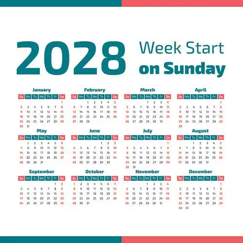 简单的2028年日历图片