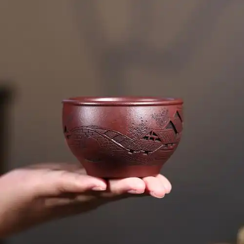 紫砂茶杯批发代理陈富才纯全手工镂刻紫泥忆江南主人杯一件代发