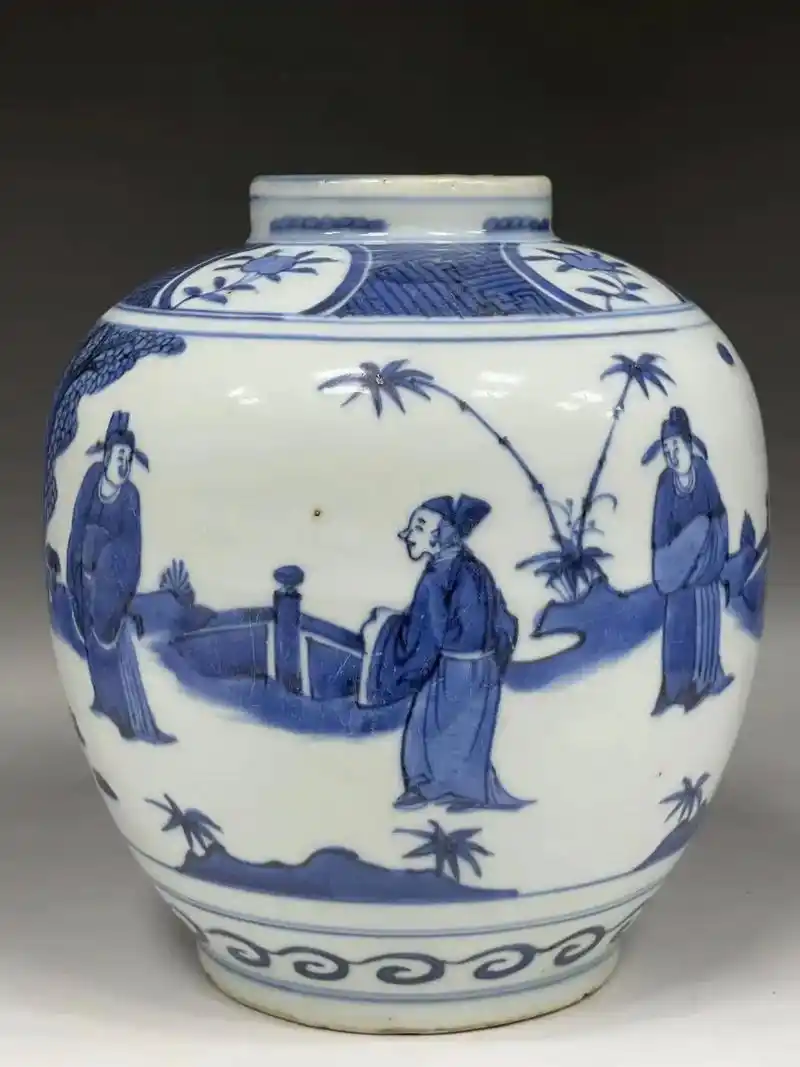 旧藏万历瓷.明代万历青花人物罐,品相完整,高20厘米,口径7 - 抖音