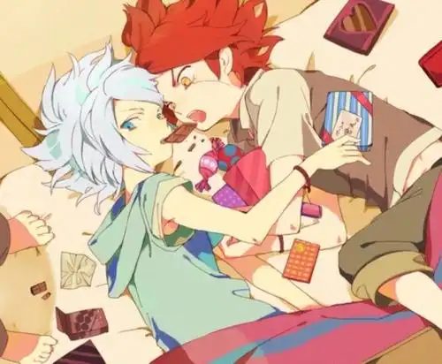 两个男孩子一个蓝发蓝眼一个红发黄眼 貌似脸上有两条线 求出处 谢谢.