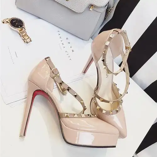 女细跟一字带扣凉鞋铆钉小码超高跟鞋女12cm尖头防水台单鞋女婚鞋