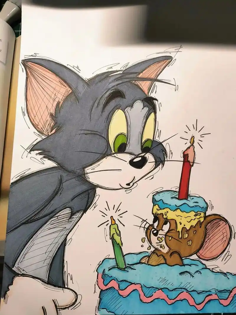 猫和老鼠生日主题绘画教程版.#马克笔手绘 #画画 #猫和老鼠 - 抖音