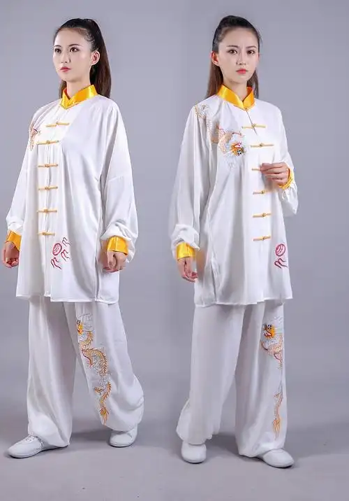 太极服女珍珠弹力棉男刺绣龙武术服太极拳运动比赛表演服装 白色镶黄