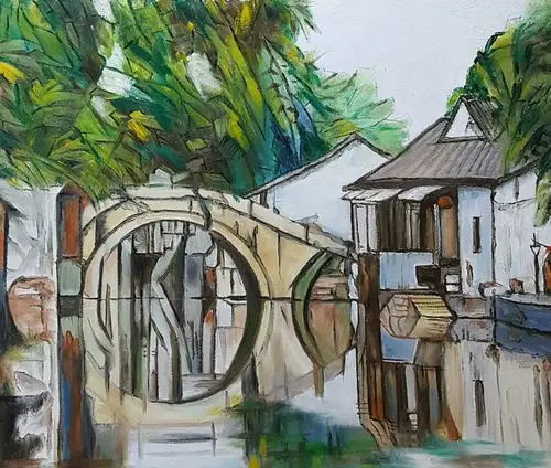 油画《江南水乡2》作者:果酱女王-俞果