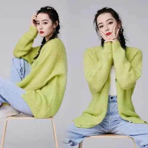 titf迪丽热巴快乐大本营针织开衫2021秋冬新款明星同款荧光绿毛衣