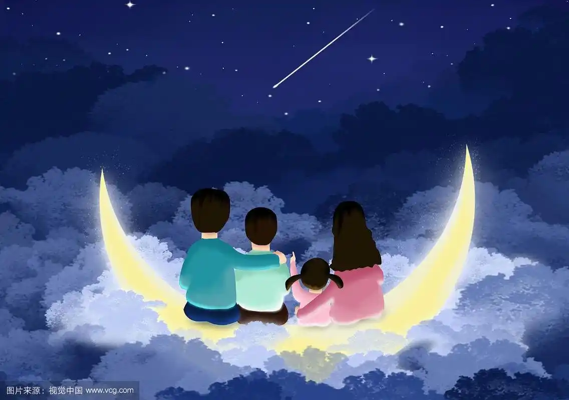 一家四口坐在夜空的月亮上插画