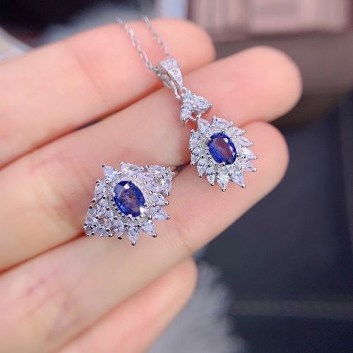 新款特惠天然蓝宝石套装 主石4*6mm活口奶奶蓝宝石戒指 吊坠