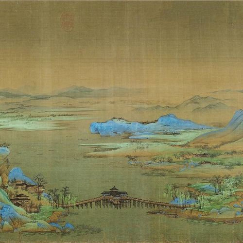 王希孟千里江山图中式客厅沙发背景装饰画国画山水画横幅茶室挂画