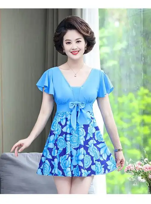 中老年人妈妈款游泳衣大码2215蓝色波纹连体泳帽4xl建议体重145160斤