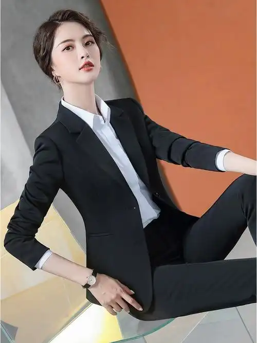 面试大学生工装秋冬职业套装黑色工作服正装西服女士西装外套大码