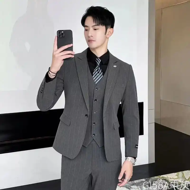 2023gd定制版坚条纹新郎西服套装男结婚礼服休闲正装帅气小 - 抖音