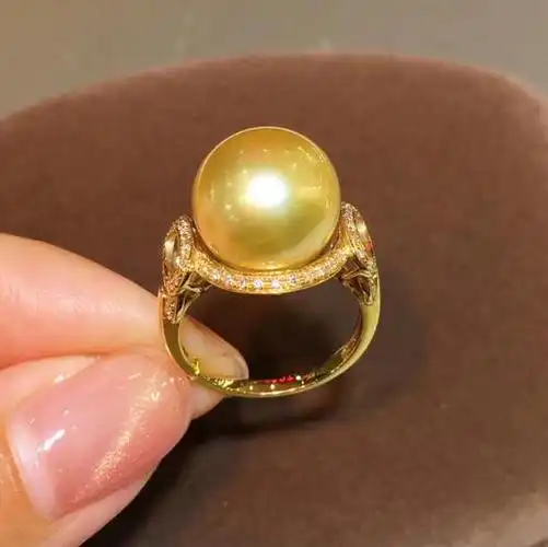 天然南洋金珍珠戒指18k金钻石镶嵌珠子正圆浓金强光几乎无暇大气款