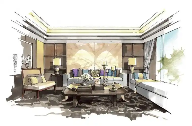 考研手绘效果图模板-客厅空间设计