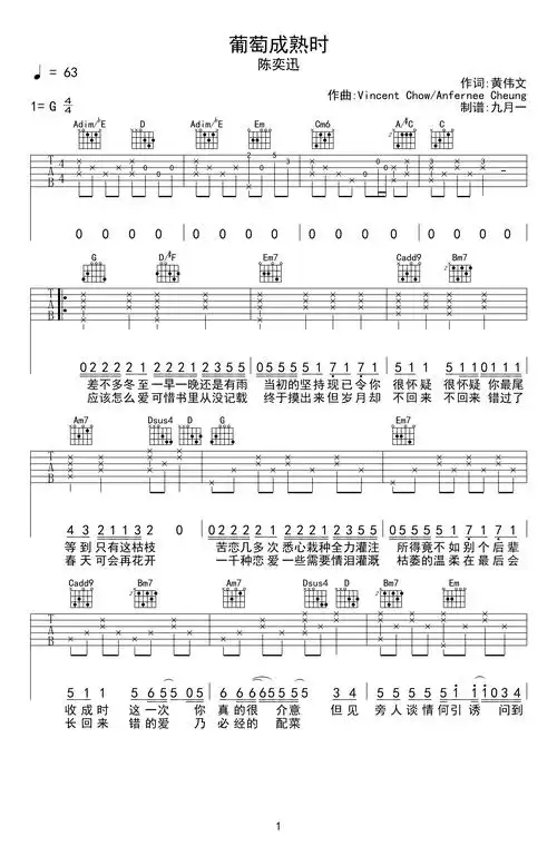 葡萄成熟时吉他谱-陈奕迅-吉他吧1