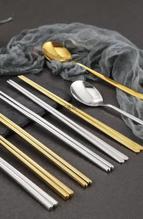 韩国扁筷子韩式304不锈钢筷子家用防滑韩国筷扁实心金色筷子方形商用