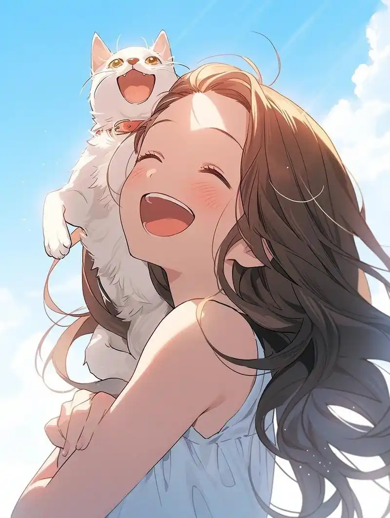 【动漫女生头像】抱着猫开心大笑的女孩 阳光蓝天下, 笑的灿烂的女孩.