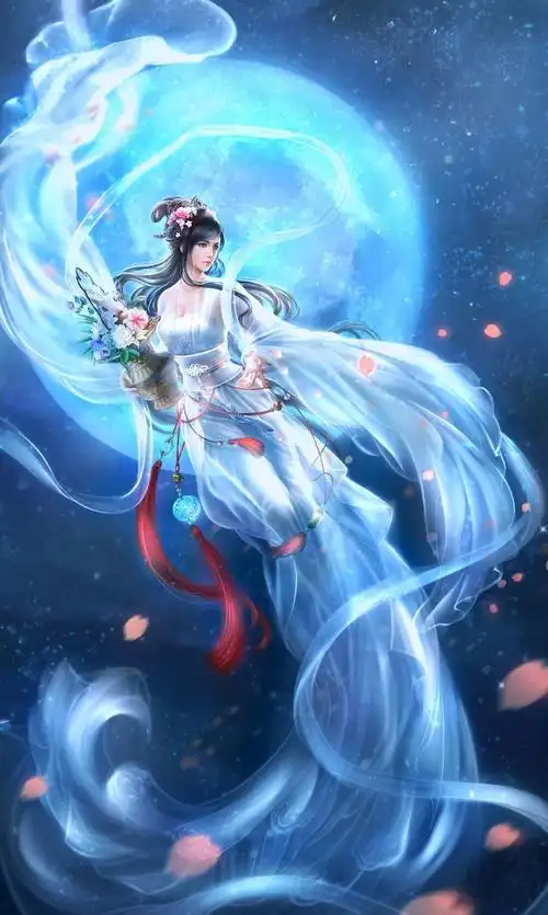 插画中国风古装3d古风美女奔月仙子 花篮