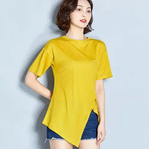 xjm交叉打结扭花下摆开叉不规则t恤纯色上衣体恤yby3248