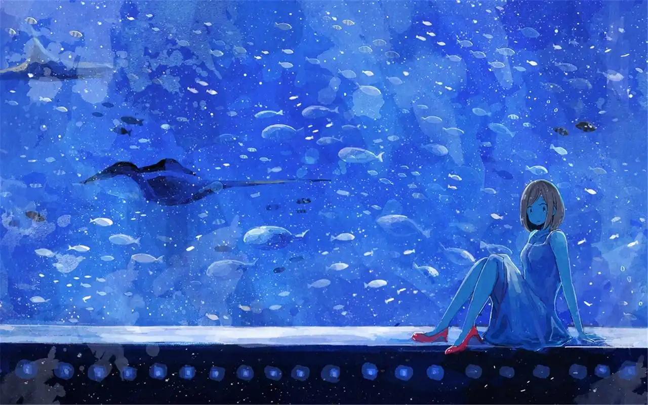 蓝色水族馆女孩与熊唯美意境动漫电脑桌面壁纸高清大图预览1920x1200